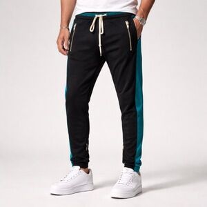 MNML "NEW" Men's Black Teal Zip Pockets Sporty Drawstring Track Pants Size M